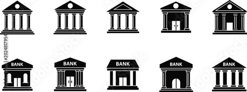 Classic bank building silhouette collection, minimal black vector design set, financial institution architecture icons, business and finance concept illustration