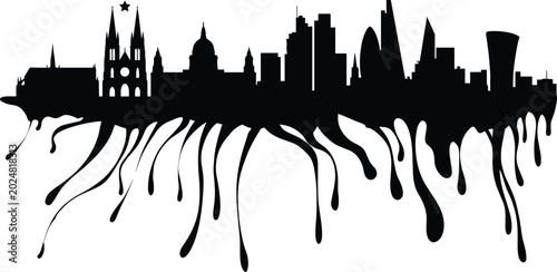 Photography London city skyline black silhouette illustration with creative liquid paint dri