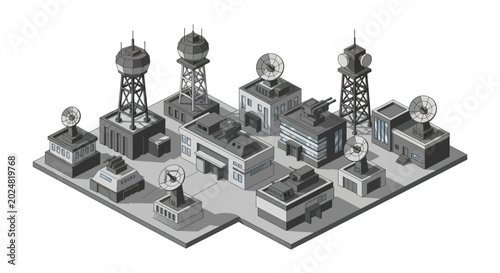 Photos Communication towers and satellite dishes arrayed in a complex.