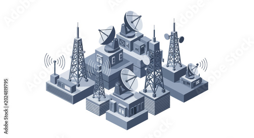 Photos Communication towers and satellite dishes arrayed in a network.