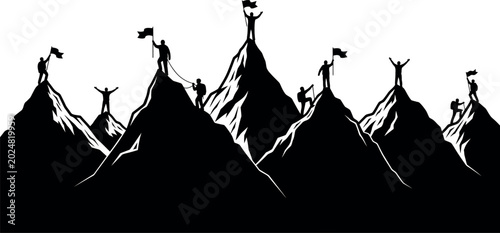 Bild auf Leinwand Mountain climbing success silhouette people reaching peaks with flags teamwork a