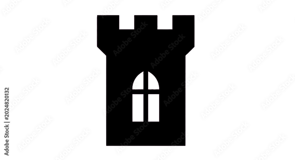 Fototapeta premium Minimal black silhouette icon, simple flat vector, bold black shape, no, no shading black silhouette of a medieval castle tower with a gothic arched window on a, flat icon style