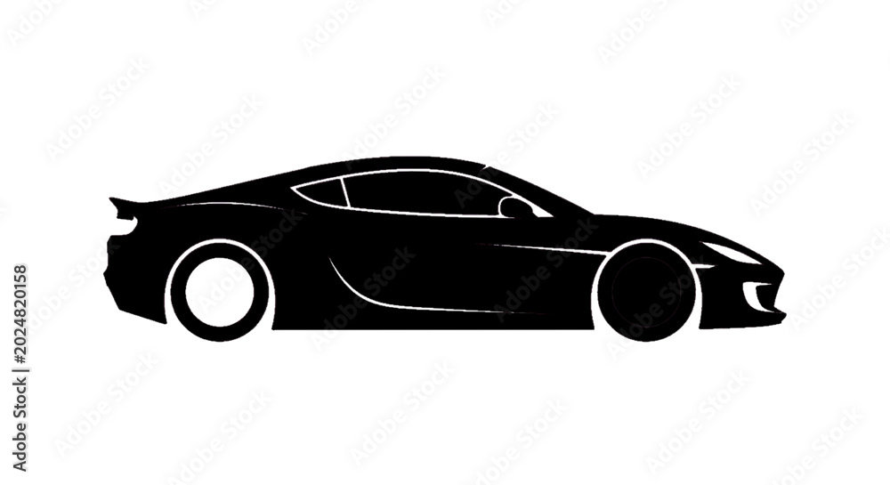 Naklejka premium Minimal black silhouette icon, simple flat vector, bold black shape, no, no shading silhouette of a modern luxury sports car on a, flat icon style