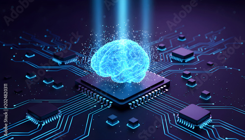 Digital brain on microchip circuit board with glowing neural network and futuristic technology