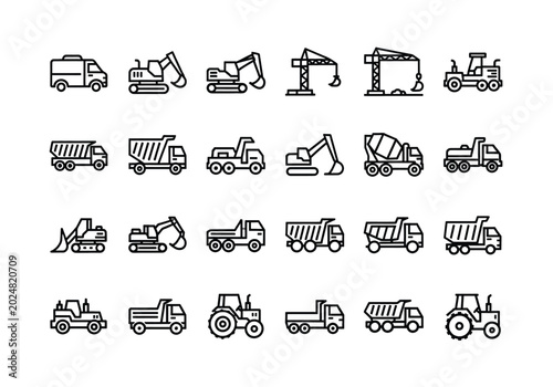 Set of construction machinery and heavy equipment line icons