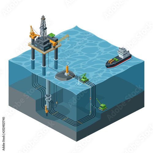 Offshore oil rig and support vessels in the ocean.