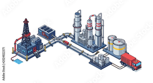Oil Refinery Plant with Drilling Rig and Truck.