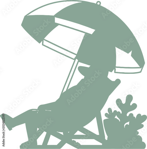 Relaxing Beach Scene Silhouette: A silhouette captures the essence of a relaxing beach vacation, with a person lounging in a beach chair under a striped umbrella.