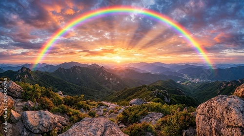 Rainbow over mountainous landscape at sunset with optical illusion colorful sky mountains landscape colorful outdoors atmosphere dramatic peaceful tranquil beautiful majestic overcast