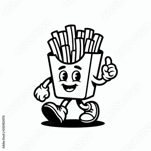 Cartoon french fries character mascot walking and giving a thumbs up