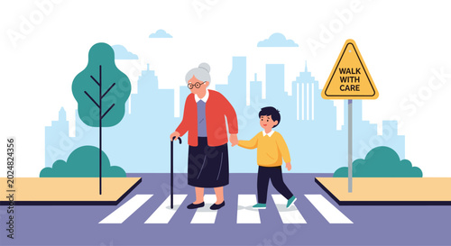 Elderly grandmother with a walking stick holds hands with her young grandson while crossing a city street on a pedestrian path.