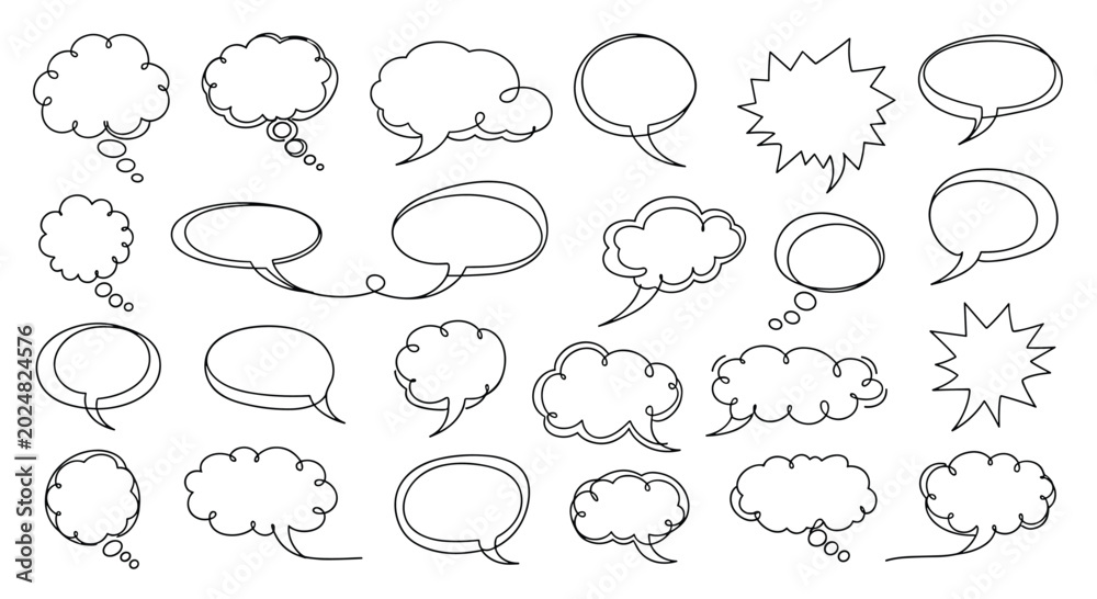 Fototapeta premium Extensive collection of diverse hand-drawn speech bubbles and thought clouds in different shapes for comic books and graphic design projects.