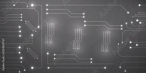 Abstract gray circuit board background with glowing digital lines, modern technology network, electronic motherboard concept on dark backdrop