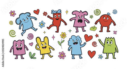 Photography Colorful cartoon monsters with playful expressions and unique shapes