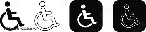 Wheelchair accessibility icons set with handicapped person silhouette, disability access symbols for inclusive public spaces and navigation, black vector signs in solid and line art outline style.