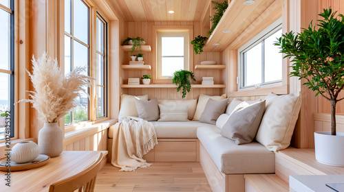 Cozy minimalist wooden living room with built in seating, indoor plants and soft natural light, Scandinavian interior design in compact modern home