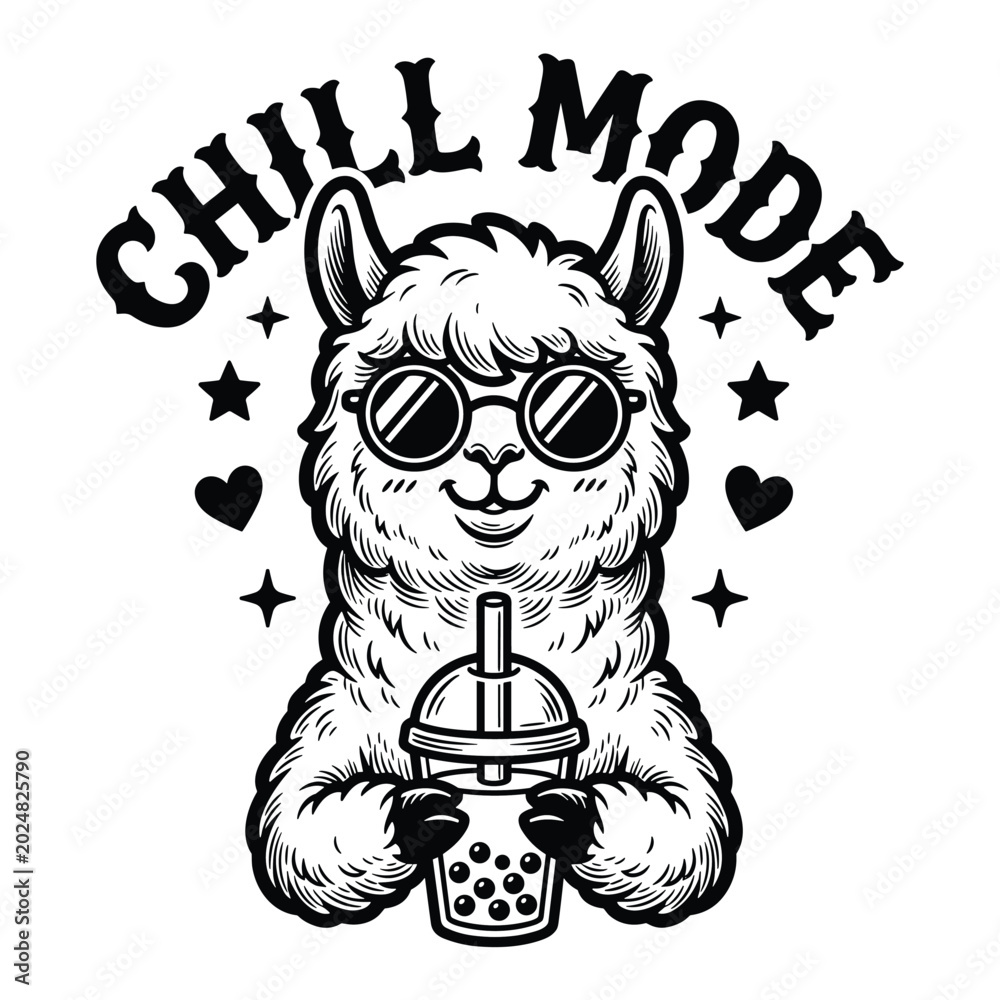 Fototapeta premium Alpaca chill mode boba cup straw sun calm icon vector illustration for tee decals print art vibe fun