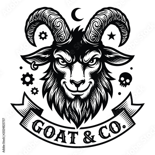 Photos Goat head vector illustration with horns and crescent moon emblem for retro bike