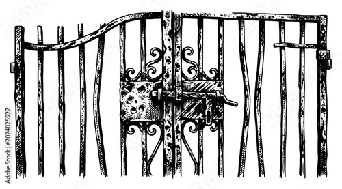 Quadro su tela Wrought iron gate with latch and ornamental details in rustic sketch style