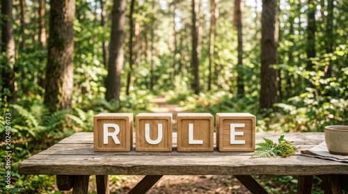 Wooden blocks spelling the word rule on a table in a forest setting