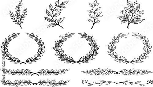 Foto Hand drawn black ink olive branch laurels wreaths and dividers vector illustrati