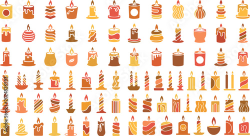 Collection of various colorful burning candles in different shapes and sizes on white background