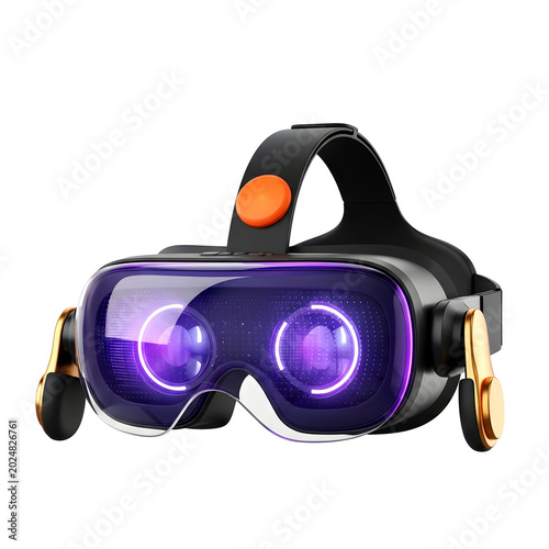 Virtual reality headset with glowing blue lenses and orange stress ball on black strap
