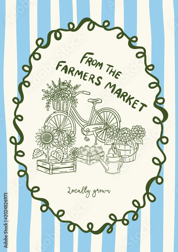 Bicycle with flowers farm market blue striped background frame poster doodle