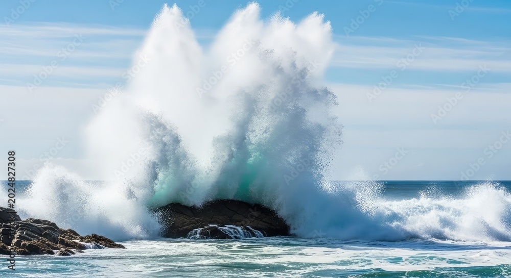 Obraz premium A powerful ocean wave explodes against jagged coastal rocks under a bright blue sky, creating a dramatic spray of white sea foam and mist, sky, daylight, power