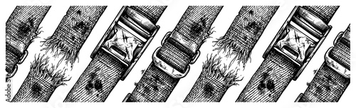 Konstfotografi Torn seatbelts with buckles and frayed edges in detailed hatching style