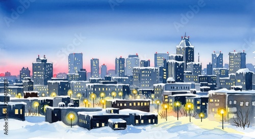 A serene watercolor painting of a snow-covered urban skyline at dusk, featuring soft blue tones, glowing streetlights, and iced rooftops, peaceful, atmospheric, architecture
