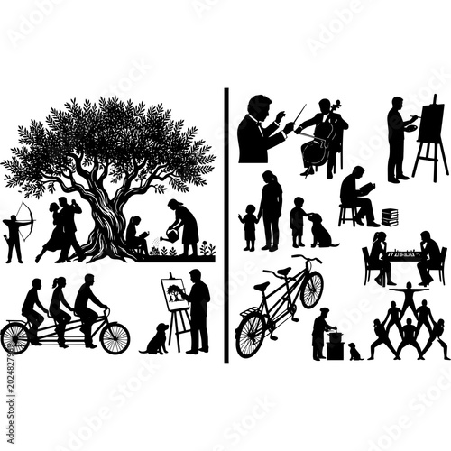 Foto People lifestyle and outdoor activities black vector silhouette collection set