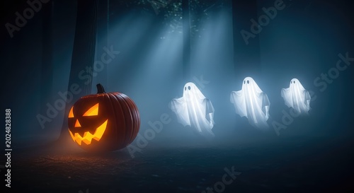A vibrant orange jack-o-lantern rolling through a dark foggy forest at night while chasing three glowing white sheet ghosts in the mist, supernatural, whimsical, mist
