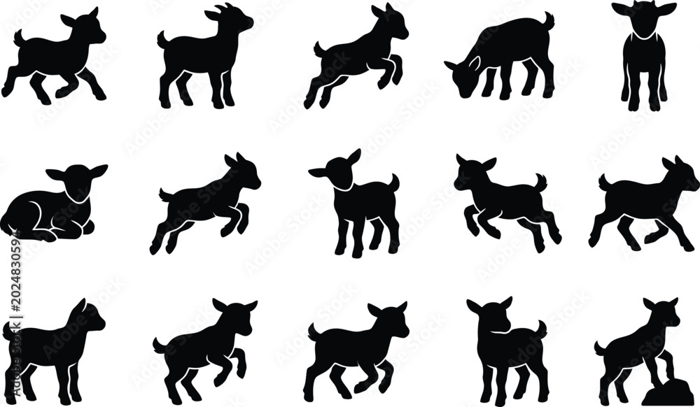 Fototapeta premium Baby Goat and Lamb Silhouette Icons Set with Playful Little Kid Vectors