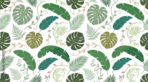 Seamless repeating pattern of lush tropical monstera and banana leaves with delicate ferns on a white background for interior wallpaper textile design