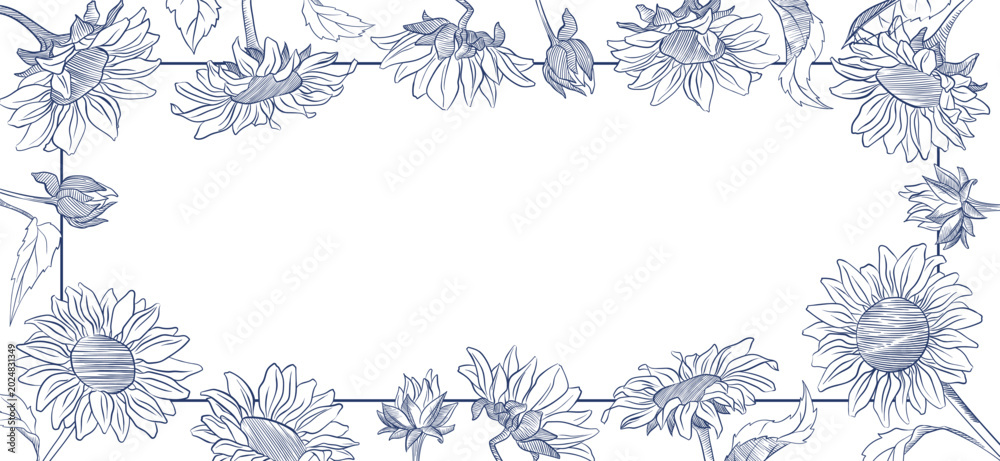 Obraz premium Sunflower floral frame with hand drawn outline summer flowers. Botanical vector illustration for banner, greeting card, poster and seasonal design