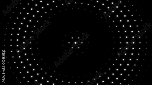 Radial Halftone Pulse Animation: Seamless Looping Sonar Ping Dot Grid on Black Background, Glowing White Concentric Rings Heartbeat Wave Effect Motion Graphics