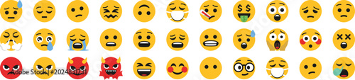 Canvas Print Set of yellow emoji faces expressing happy, sad, angry, surprised and playful emotions isolated on white background
