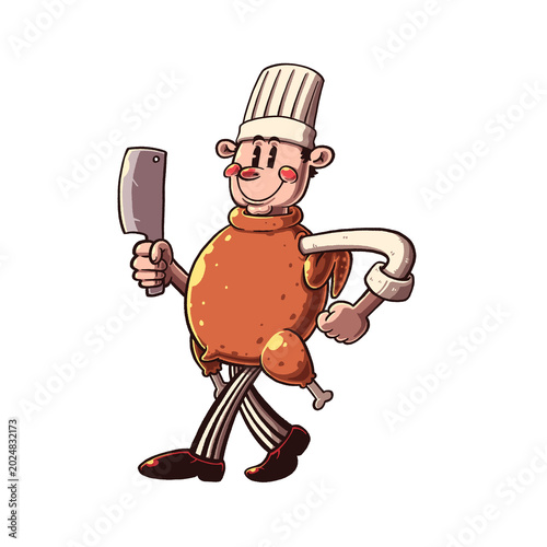 Cheerful cartoon butcher character wearing roasted chicken costume, confidently walking with cleaver, vintage comic style full of humor and flavor.