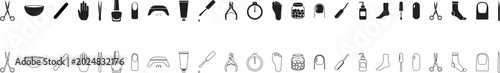 Foto Manicure, pedicure and podology icon set, symbols of hardware nail care, nail master tools, foot care and beauty salon, vector icons in glyph and outline styles