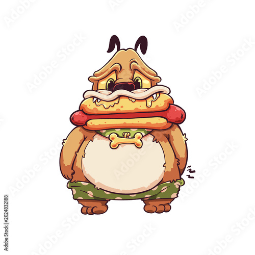 Funny chubby cartoon dog character stuffed with hotdog snack, drooling happily while wearing shorts and wobbling with goofy retro energy.