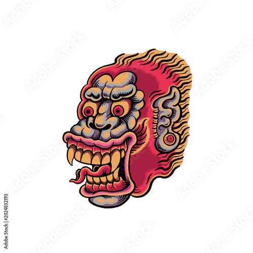 Traditional Asian-style red monkey demon head vector illustration, featuring fierce fangs, open mouth, and flaming hair, ideal for streetwear merchandise, tattoos, cultural concepts, and gaming mascot