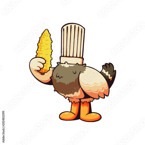 Canvas-taulu Cute cartoon duck chef character proudly holding crispy corn, wearing a tall kitchen hat with charming retro foodie style