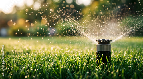 Automatic sprinkler watering a green lawn in a backyard garden. Smart irrigation system, summer landscaping, eco friendly maintenance.