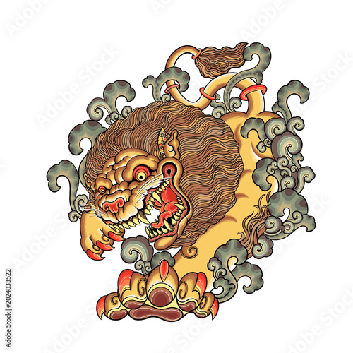 Traditional Javanese batik pattern and tattoo style illustration of a roaring mythical lion, perfect for cultural streetwear clothing, t-shirt designs, ethnic merchandise, posters, and mascot logos.