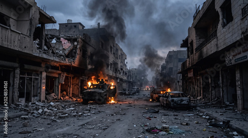 War torn city street featuring a burning military vehicle surrounded by destroyed buildings and debris captured in a dark atmospheric photograph showing the aftermath of a violent conflict between opp