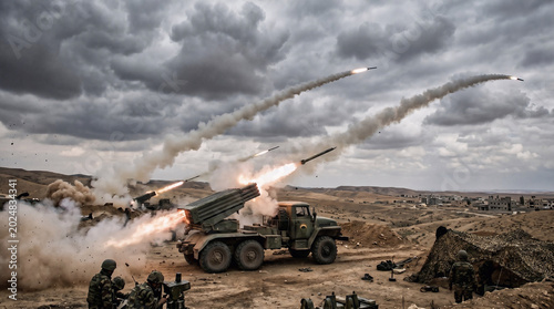 Military truck launching multiple powerful rockets into a cloudy sky during a live fire training exercise in a dry desert landscape captured in this dramatic and intense action packed photograph