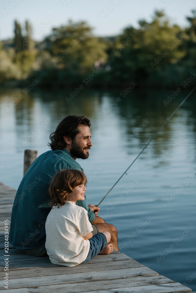 Obraz premium Father and child fishing together on wooden dock by lake