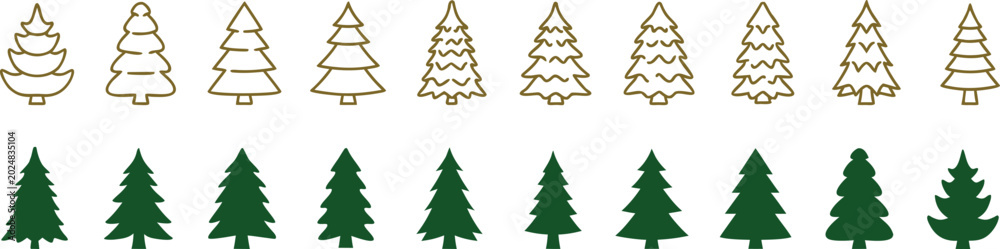 Obraz premium Minimalist Christmas tree icon collection with hand drawn outline and solid pine tree symbols in flat vector style for holiday decoration, winter branding and festive design projects.