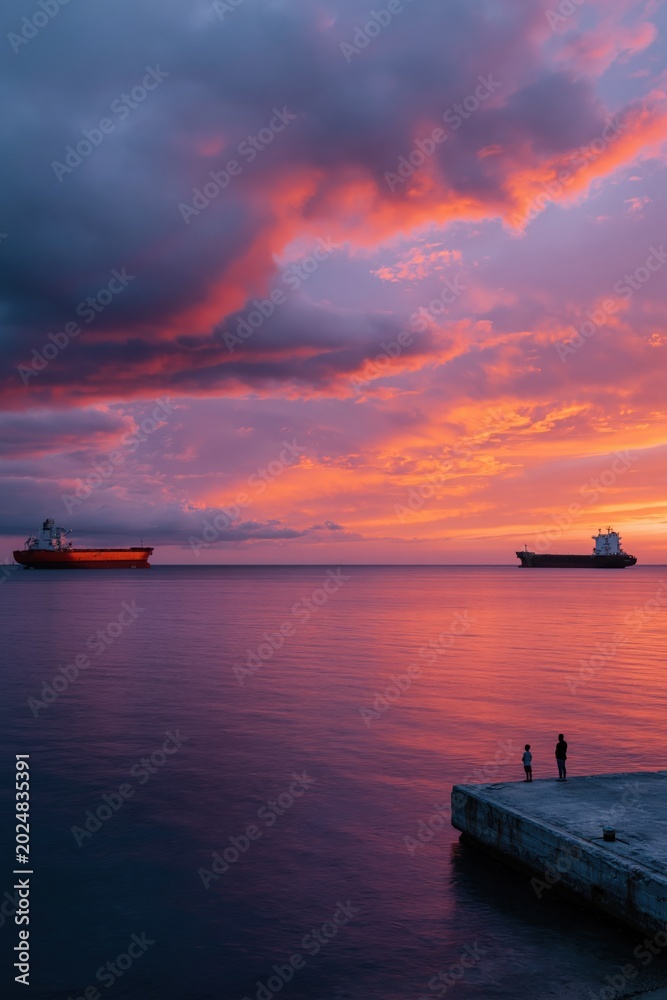 Fototapeta premium Two cargo ships offshore with people standing on pier